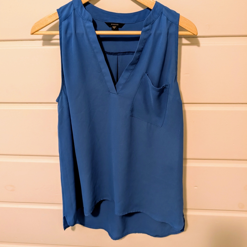 Guess Sleeveless Blue Blouse V-Neck Medium